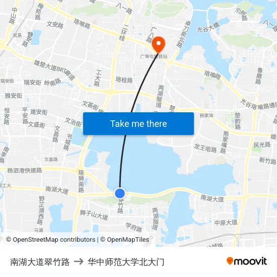南湖大道翠竹路 to 华中师范大学北大门 map