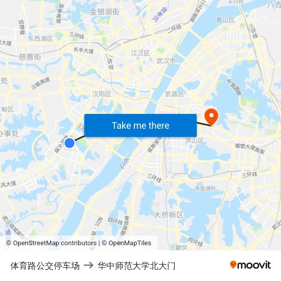 体育路公交停车场 to 华中师范大学北大门 map