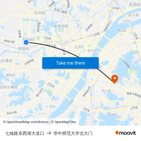 七雄路东西湖大道口 to 华中师范大学北大门 map