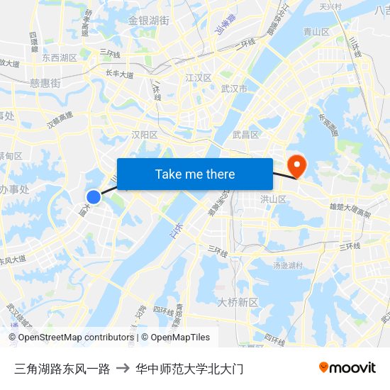 三角湖路东风一路 to 华中师范大学北大门 map