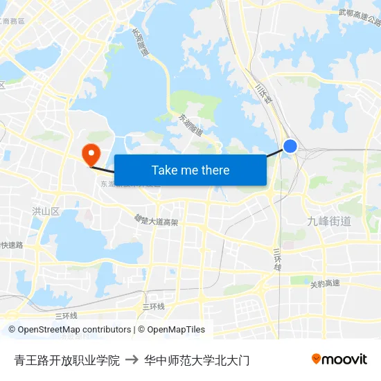 青王路开放职业学院 to 华中师范大学北大门 map