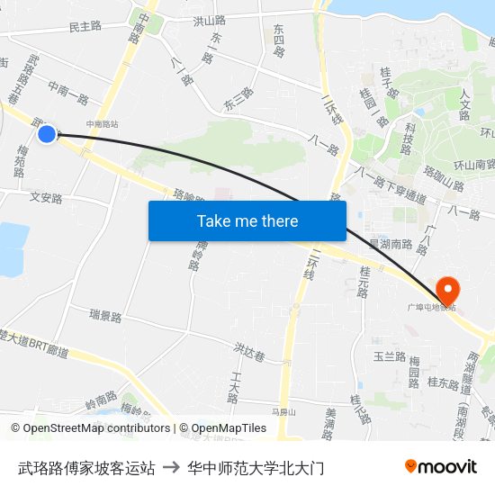 武珞路傅家坡客运站 to 华中师范大学北大门 map