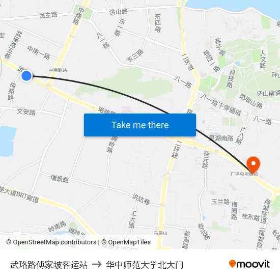 武珞路傅家坡客运站 to 华中师范大学北大门 map
