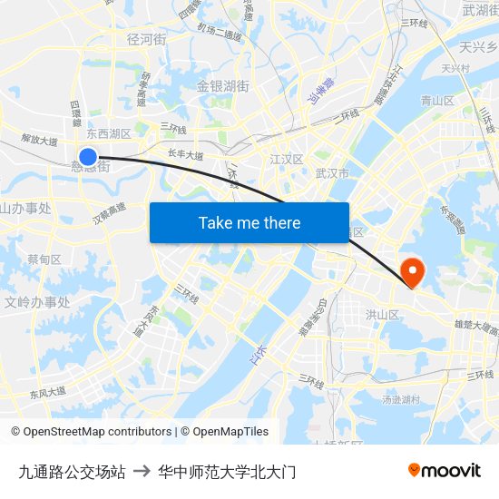 九通路公交场站 to 华中师范大学北大门 map