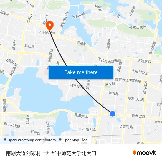 南湖大道刘家村 to 华中师范大学北大门 map
