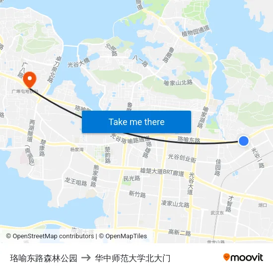 珞喻东路森林公园 to 华中师范大学北大门 map