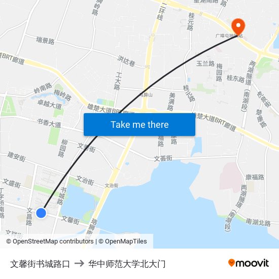 文馨街书城路口 to 华中师范大学北大门 map