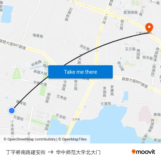 丁字桥南路建安街 to 华中师范大学北大门 map
