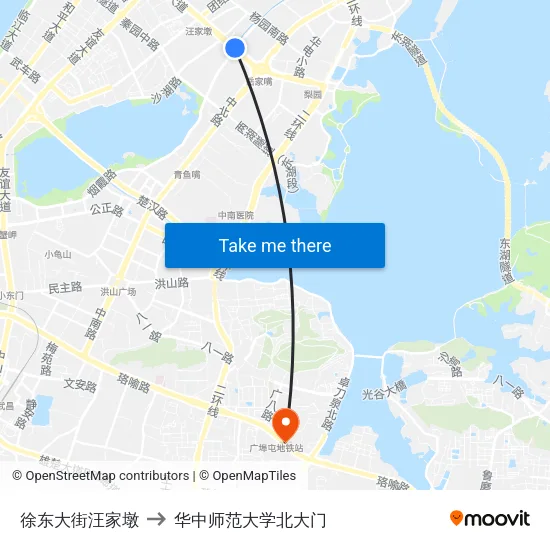徐东大街汪家墩 to 华中师范大学北大门 map