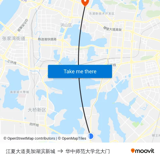 江夏大道美加湖滨新城 to 华中师范大学北大门 map