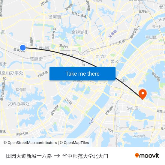 田园大道新城十六路 to 华中师范大学北大门 map