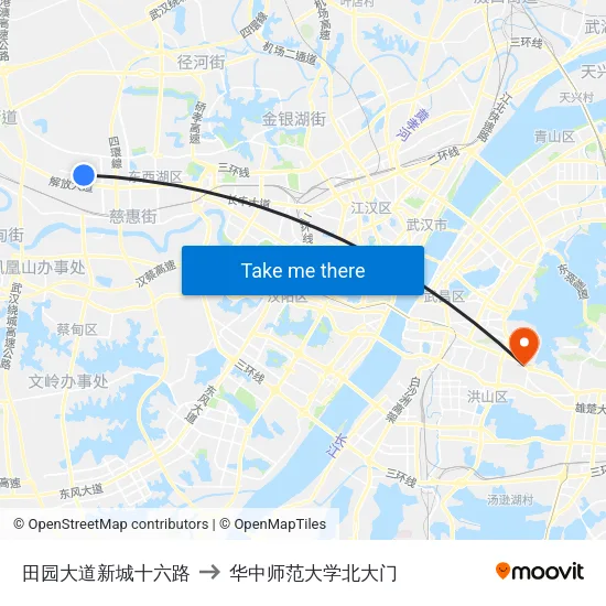 田园大道新城十六路 to 华中师范大学北大门 map