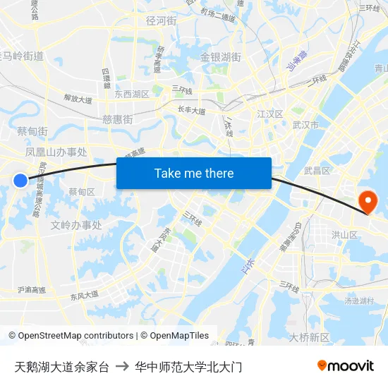 天鹅湖大道余家台 to 华中师范大学北大门 map