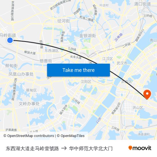 东西湖大道走马岭壹號路 to 华中师范大学北大门 map