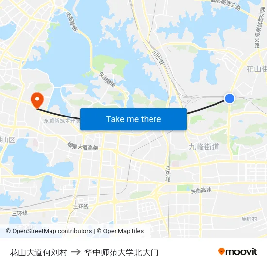 花山大道何刘村 to 华中师范大学北大门 map