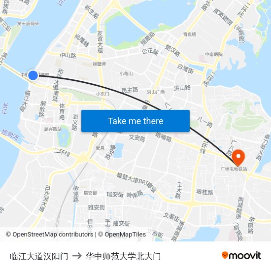 临江大道汉阳门 to 华中师范大学北大门 map