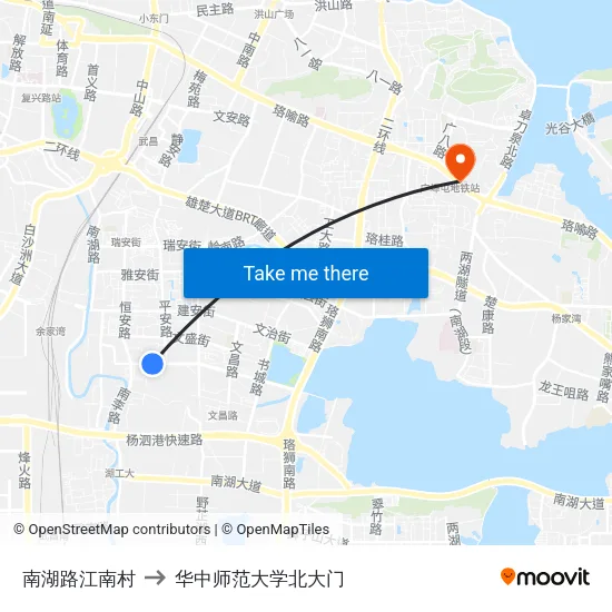 南湖路江南村 to 华中师范大学北大门 map