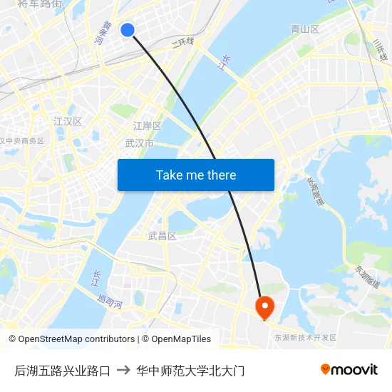 后湖五路兴业路口 to 华中师范大学北大门 map