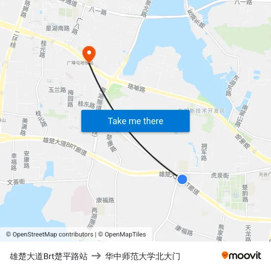 雄楚大道Brt楚平路站 to 华中师范大学北大门 map