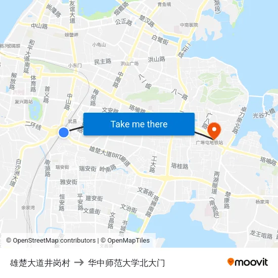 雄楚大道井岗村 to 华中师范大学北大门 map