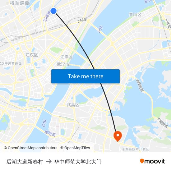 后湖大道新春村 to 华中师范大学北大门 map