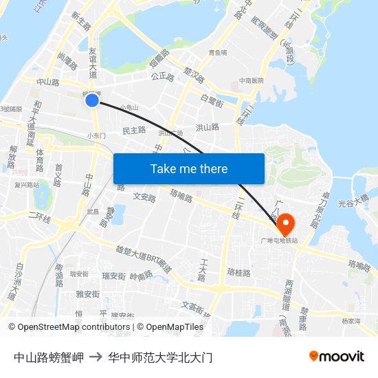 中山路螃蟹岬 to 华中师范大学北大门 map