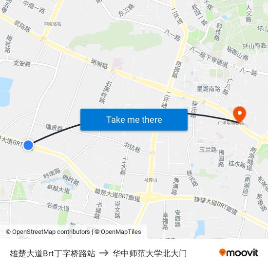 雄楚大道Brt丁字桥路站 to 华中师范大学北大门 map