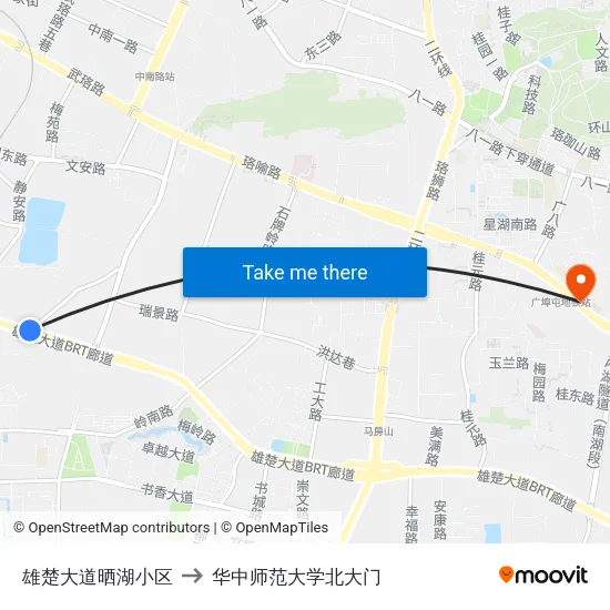 雄楚大道晒湖小区 to 华中师范大学北大门 map