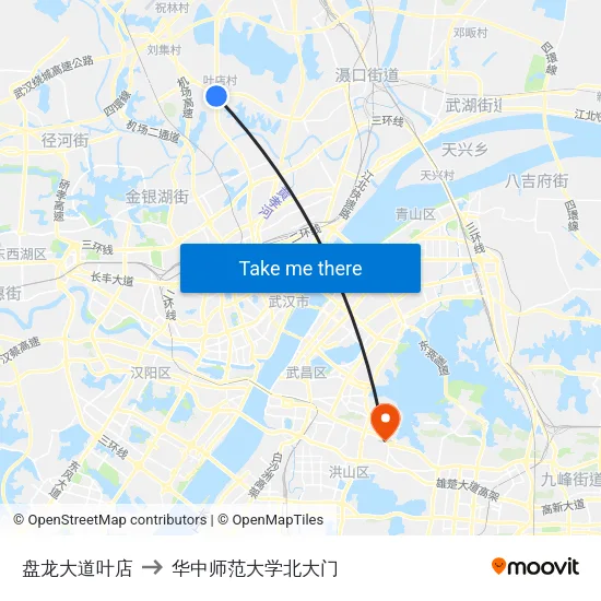 盘龙大道叶店 to 华中师范大学北大门 map