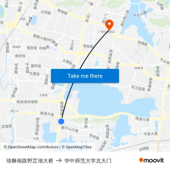 珞狮南路野芷湖大桥 to 华中师范大学北大门 map