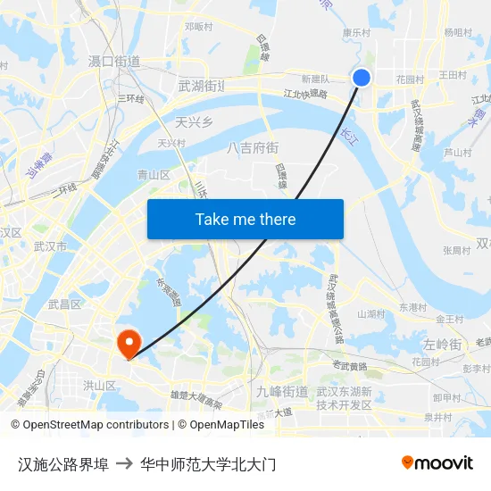 汉施公路界埠 to 华中师范大学北大门 map