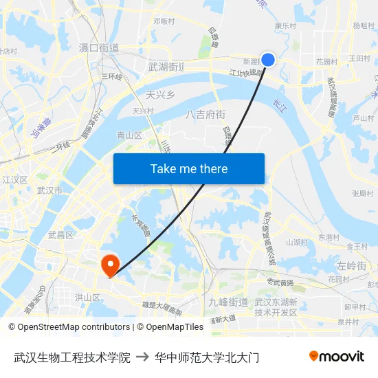 武汉生物工程技术学院 to 华中师范大学北大门 map
