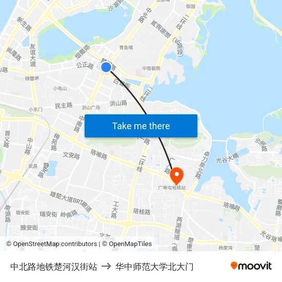 中北路地铁楚河汉街站 to 华中师范大学北大门 map