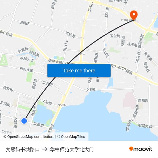 文馨街书城路口 to 华中师范大学北大门 map