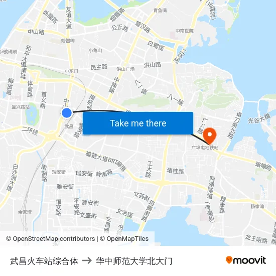武昌火车站综合体 to 华中师范大学北大门 map