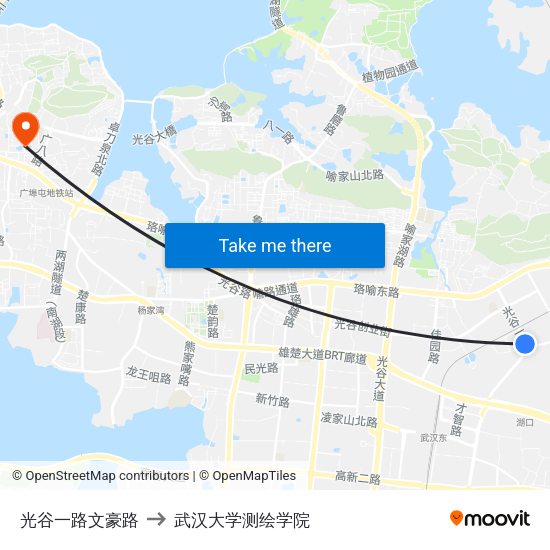 光谷一路文豪路 to 武汉大学测绘学院 map