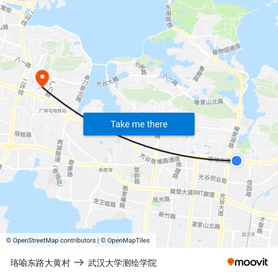 珞喻东路大黄村 to 武汉大学测绘学院 map