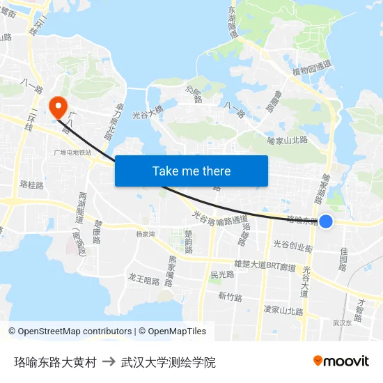 珞喻东路大黄村 to 武汉大学测绘学院 map