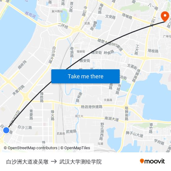 白沙洲大道凌吴墩 to 武汉大学测绘学院 map