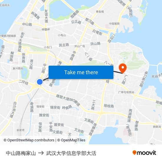 中山路梅家山 to 武汉大学信息学部大活 map