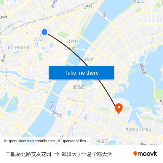 三眼桥北路安友花园 to 武汉大学信息学部大活 map