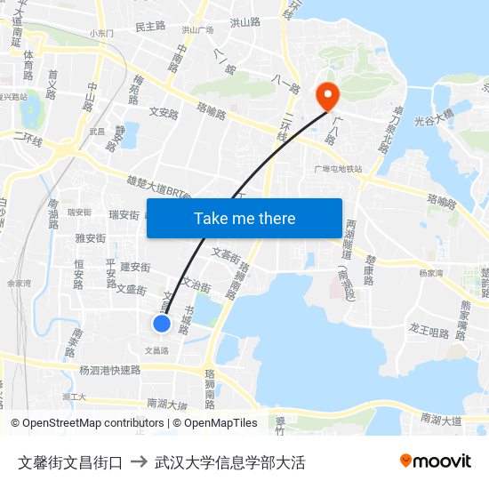 文馨街文昌街口 to 武汉大学信息学部大活 map