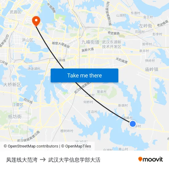 凤莲线大范湾 to 武汉大学信息学部大活 map