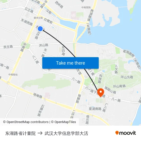 东湖路省计量院 to 武汉大学信息学部大活 map
