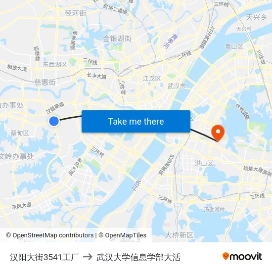 汉阳大街3541工厂 to 武汉大学信息学部大活 map