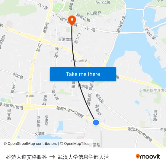 雄楚大道艾格眼科 to 武汉大学信息学部大活 map
