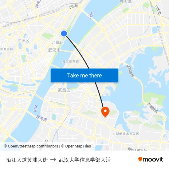 沿江大道黄浦大街 to 武汉大学信息学部大活 map