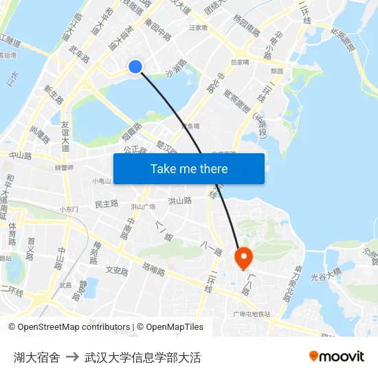 湖大宿舍 to 武汉大学信息学部大活 map