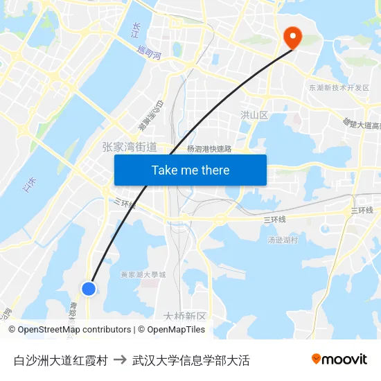 白沙洲大道红霞村 to 武汉大学信息学部大活 map
