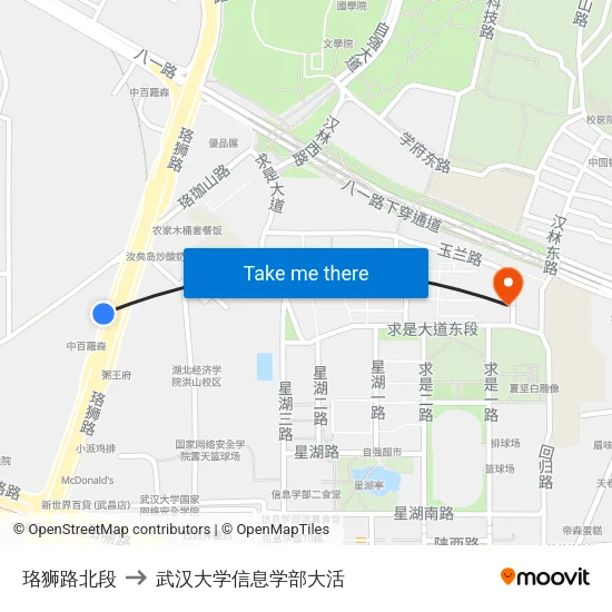 珞狮路北段 to 武汉大学信息学部大活 map